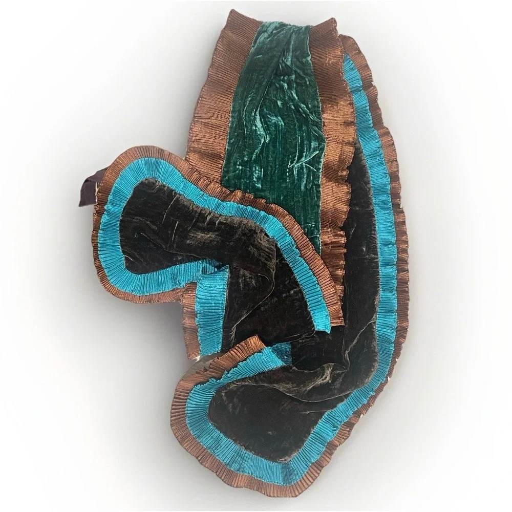 Rayon Crinkle Trim Crushed Velvet Scarf Brown  Blue Green Glamour Artsy Festival